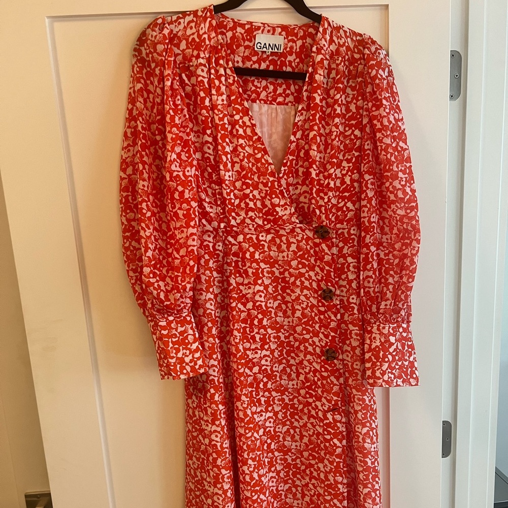 GANNI Printed crepe midi dress in Orange mini floral. Sz 38